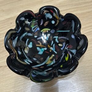 Murano Tutti Frutti Millefiori Glass Ruffled Bowl Metal Flake